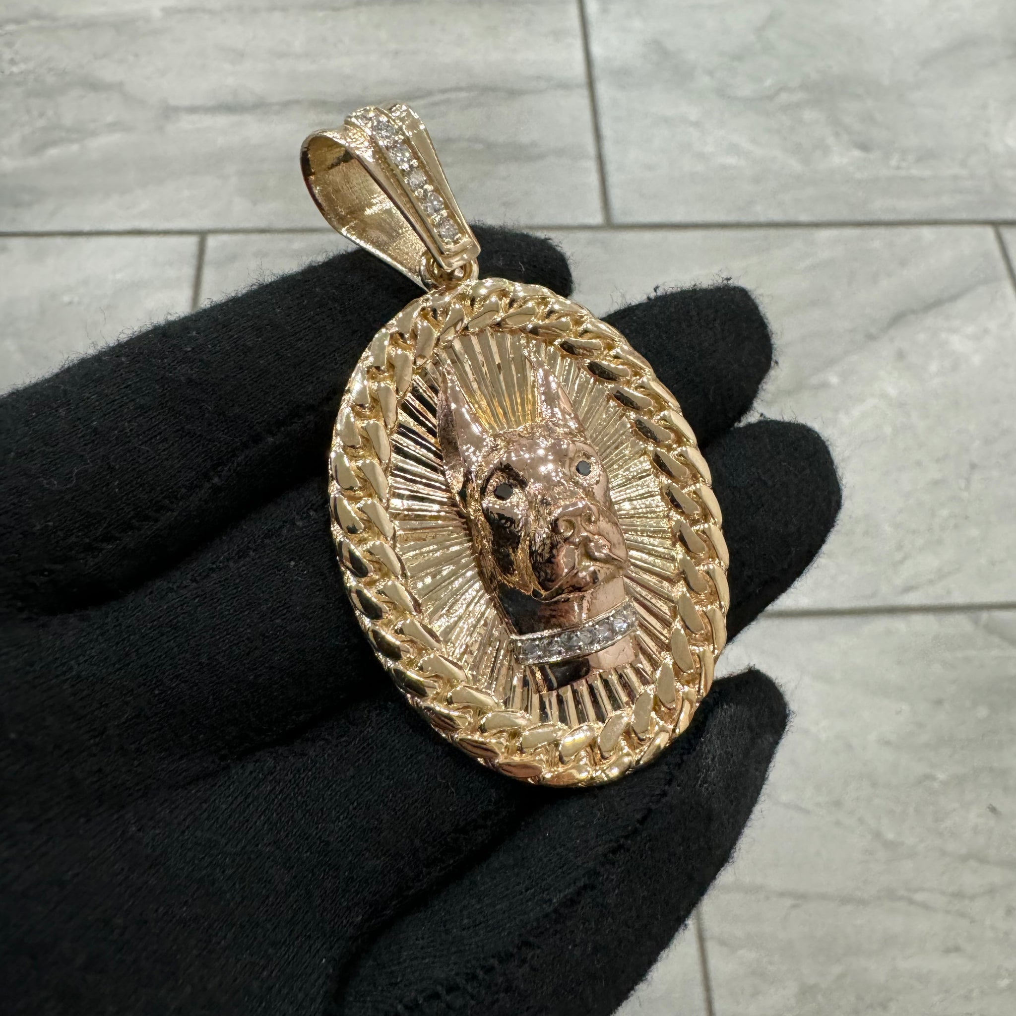 Dog pendant laying in medallion with a black and gray background 