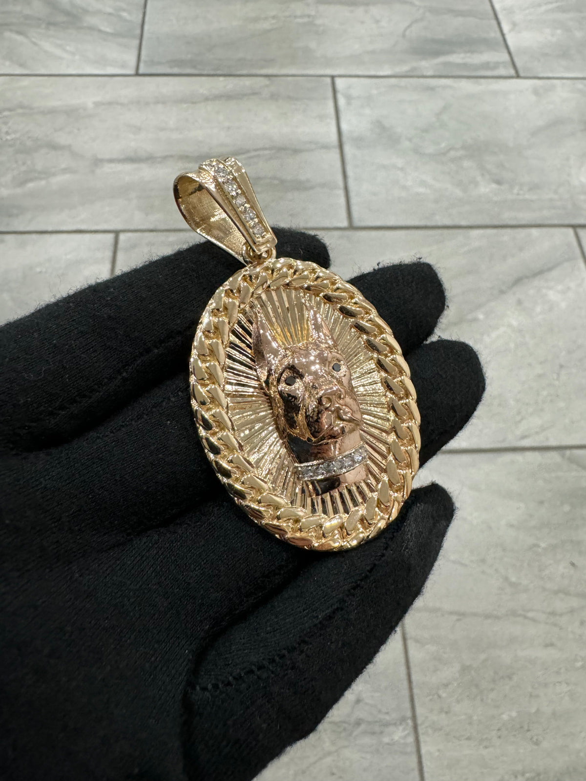 Dog pendant laying in medallion with a black and gray background 