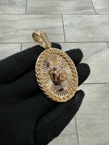 Dog pendant laying in medallion with a black and gray background 