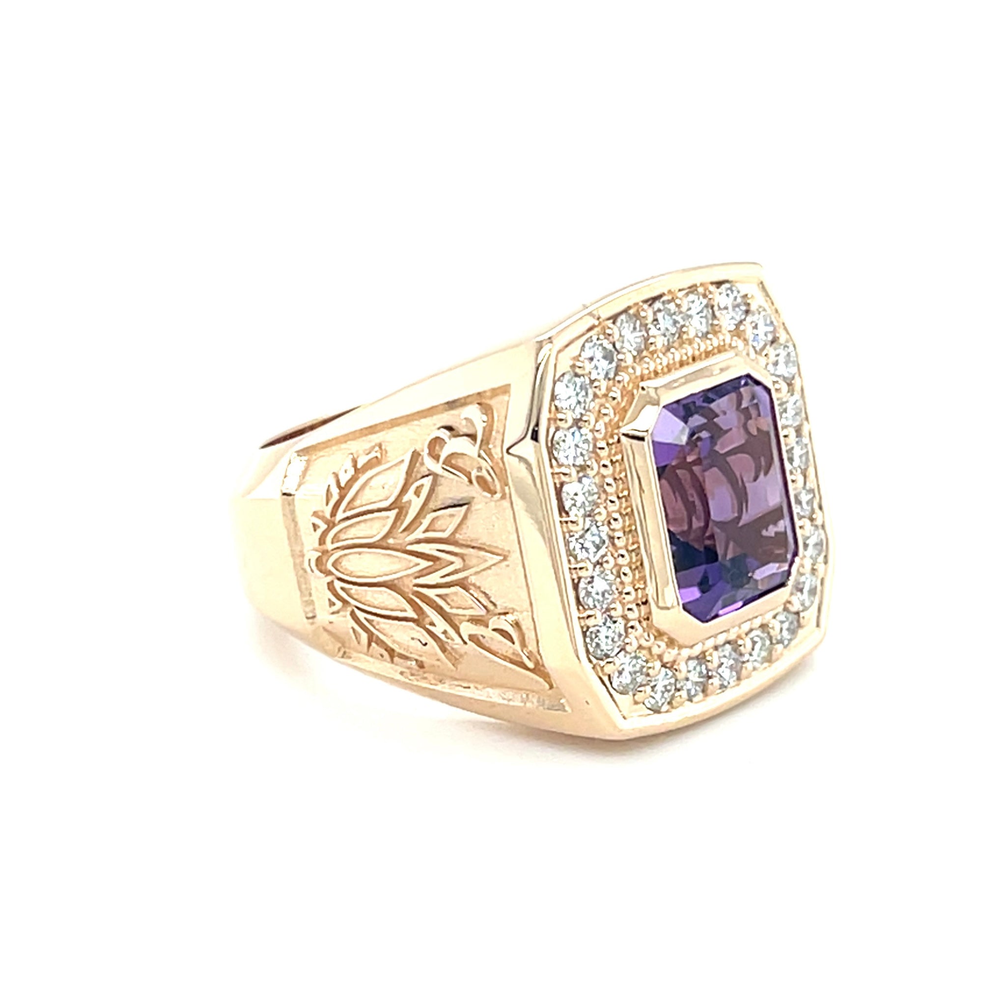 Mens purple ring with diamonds and diamond halo accent
