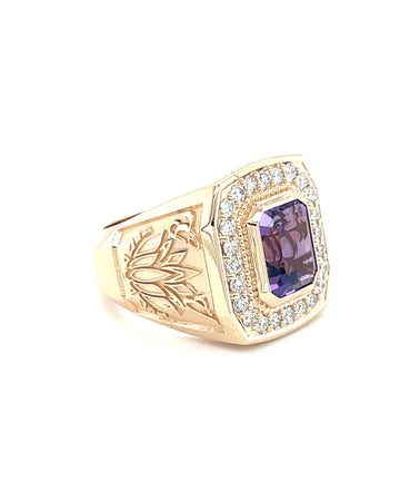Mens purple ring with diamonds and diamond halo accent