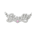 Silver name pendant with 'Giselle' and a pink gemstone on a white background