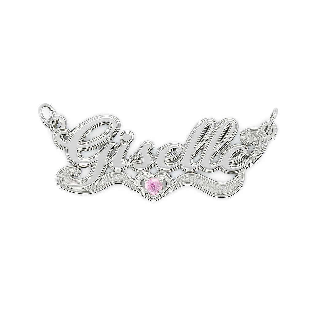 Silver name pendant with 'Giselle' and a pink gemstone on a white background