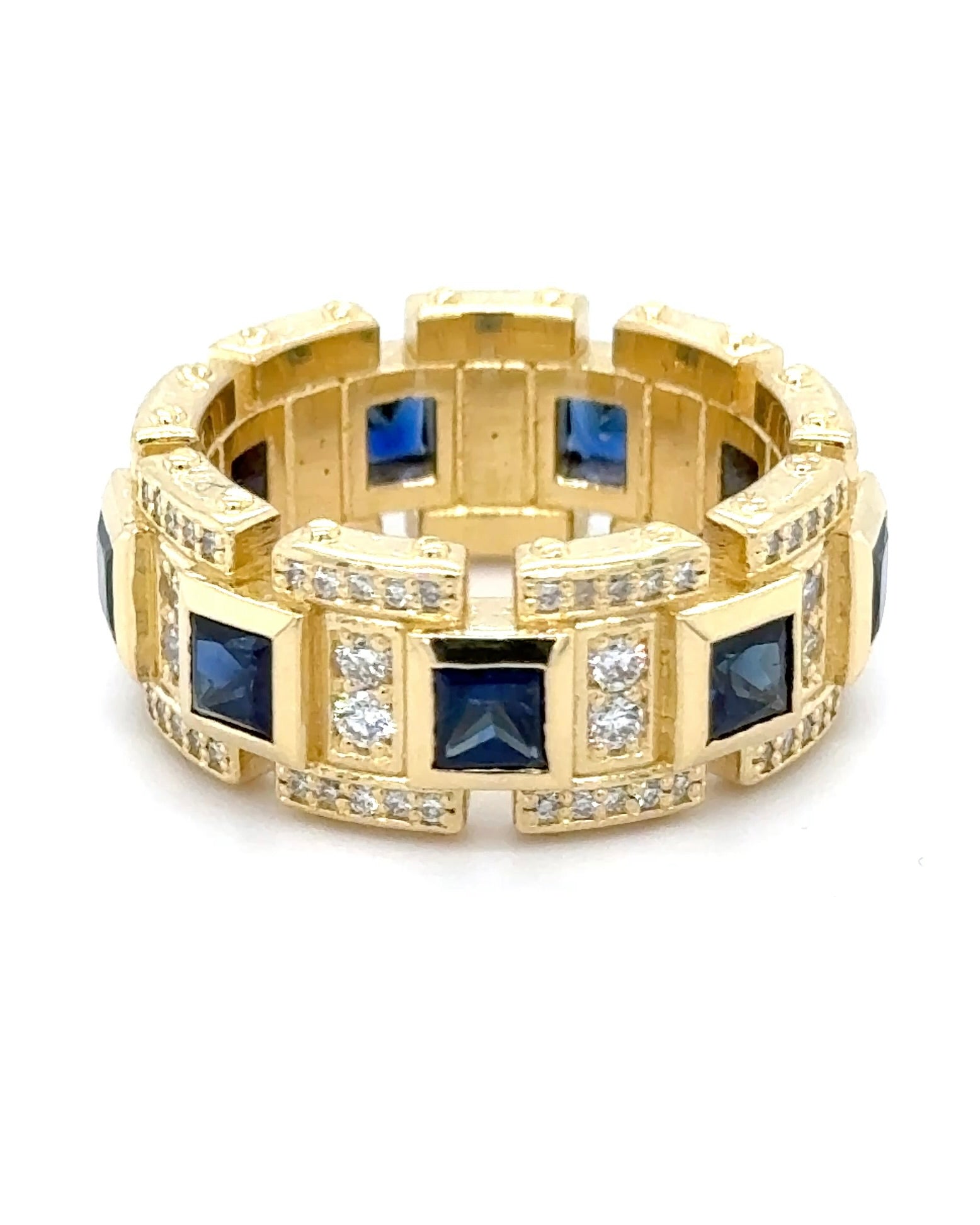Link style ring with blue sapphires and diamond accents 