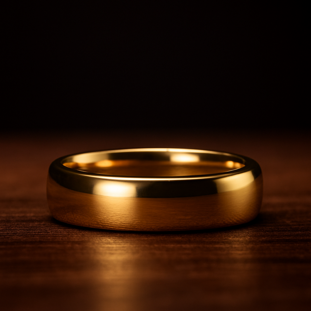 Gold ring on a dark wooden surface