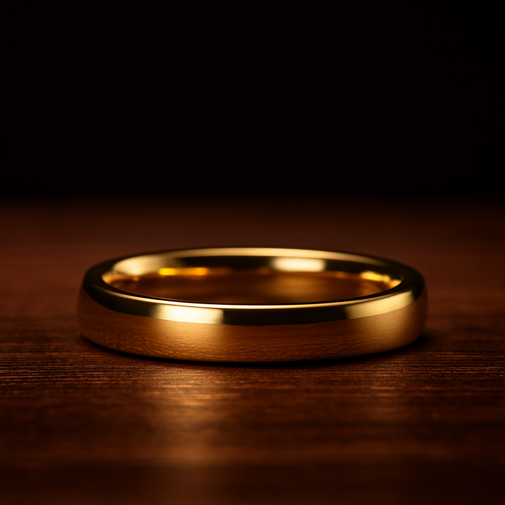 Gold ring on a wooden surface with a dark background