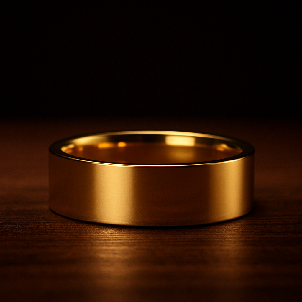 Gold ring on a dark wooden surface