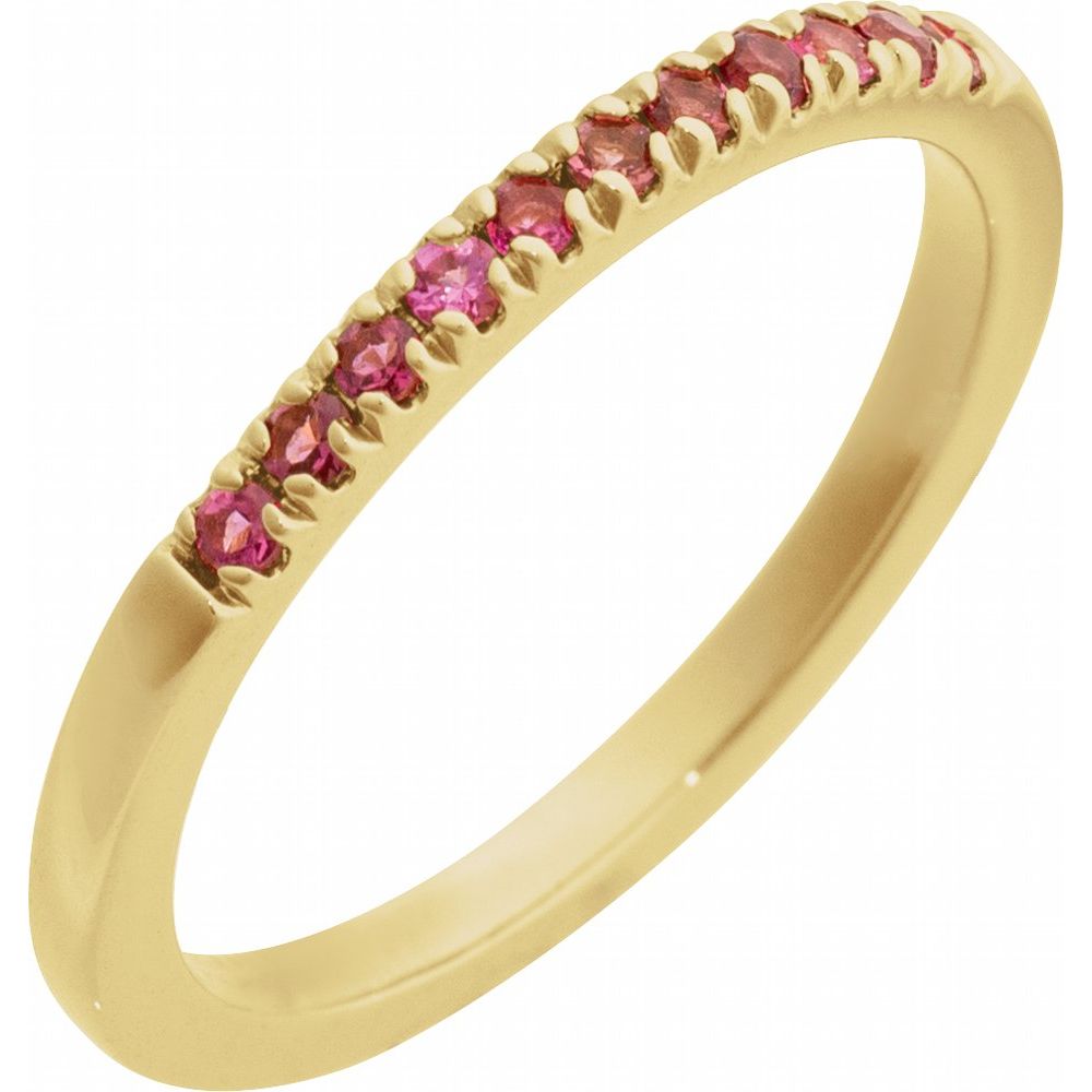 Gold ring with pink gemstones on a light gray background, labeled 'October Tourmaline'.