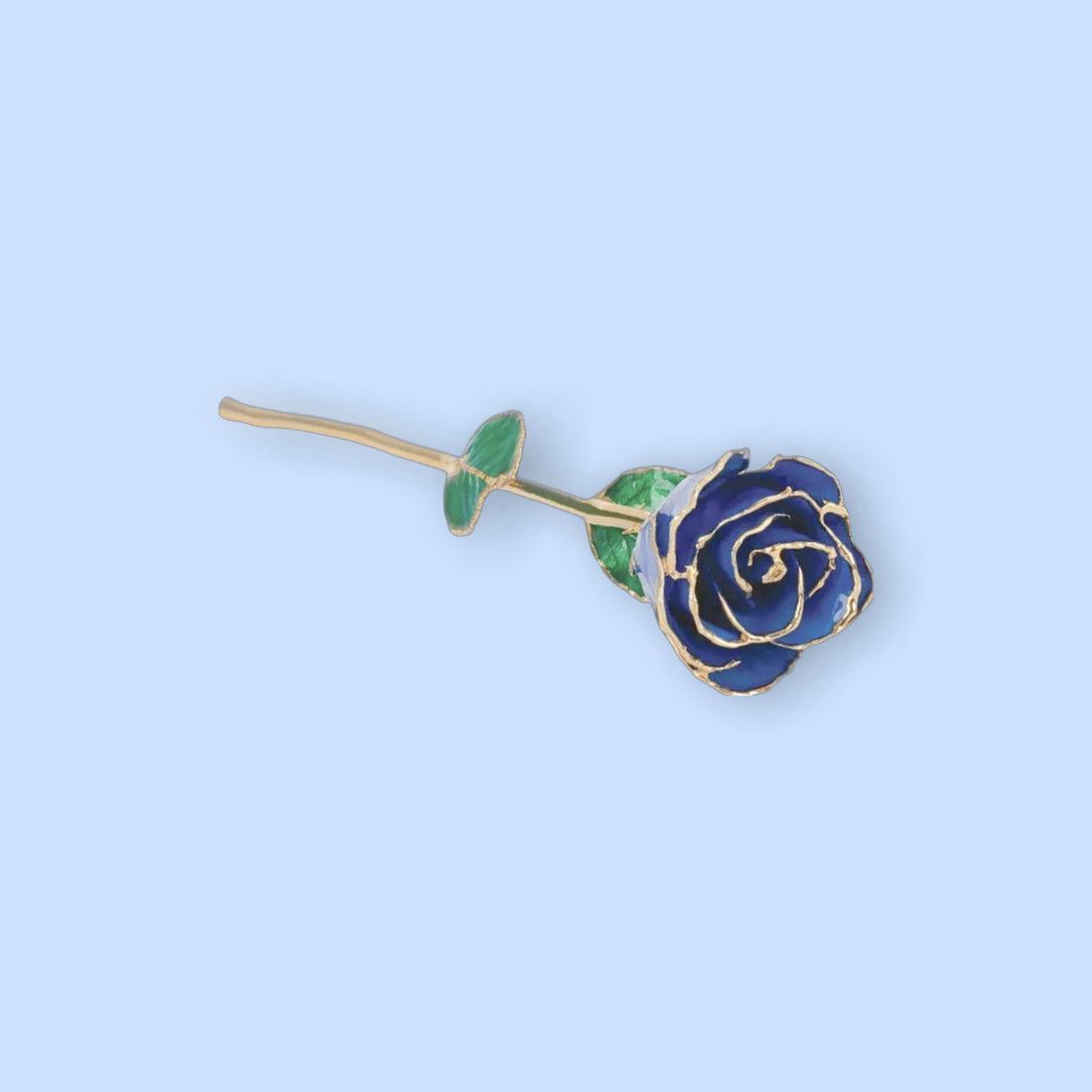 Blue rose-shaped object with gold accents on a light blue background