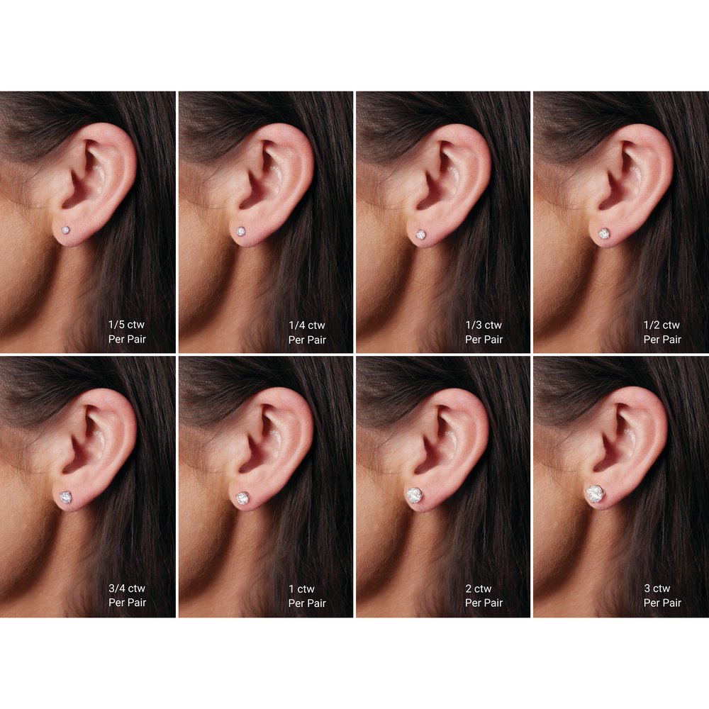 Collage of earrings worn on ears with weight labels