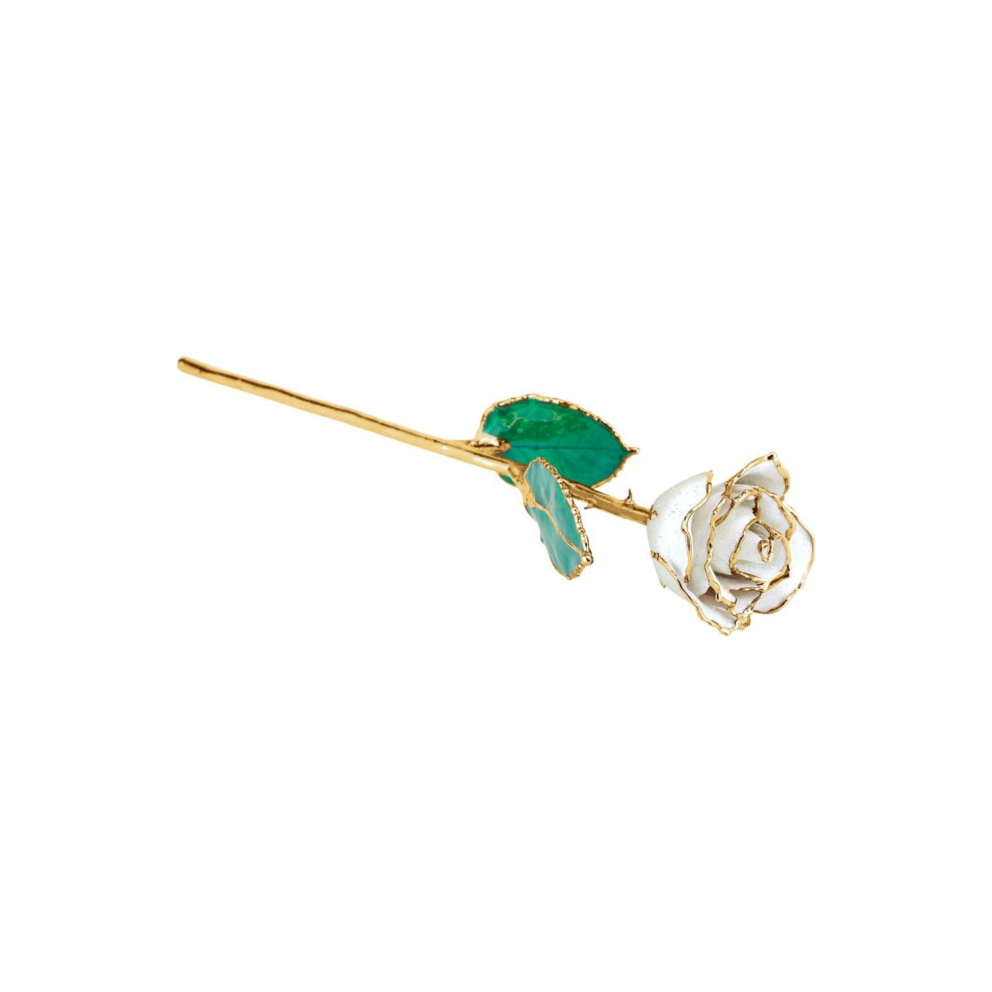 Gold hair pin with green and white rose design on a white background