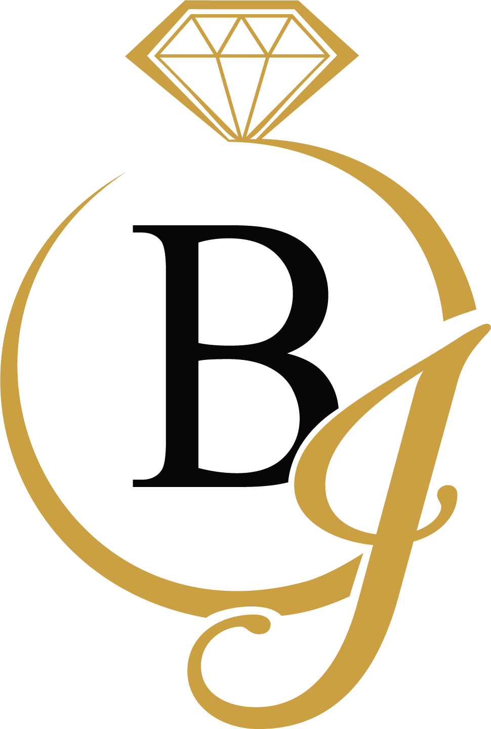 Logo with 'Bj' initials, a diamond, and a gold ring on a white background
