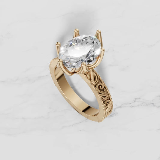 14K Yellow Gold Oval Solitaire Engagement Ring with Lab Diamond and sculpted band